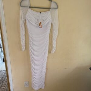 Chic White Long Sleeve Ruched Dress